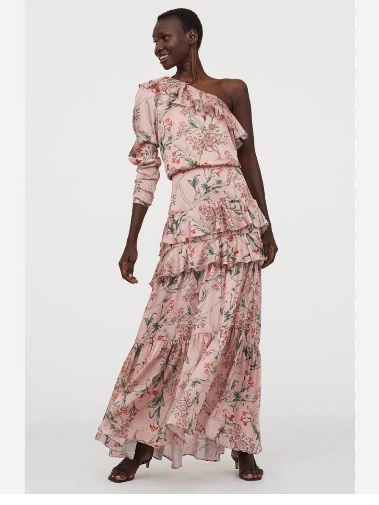 Johanna Ortiz X H&M Pink Floral Ruffle Tiered One Shoulder Dress